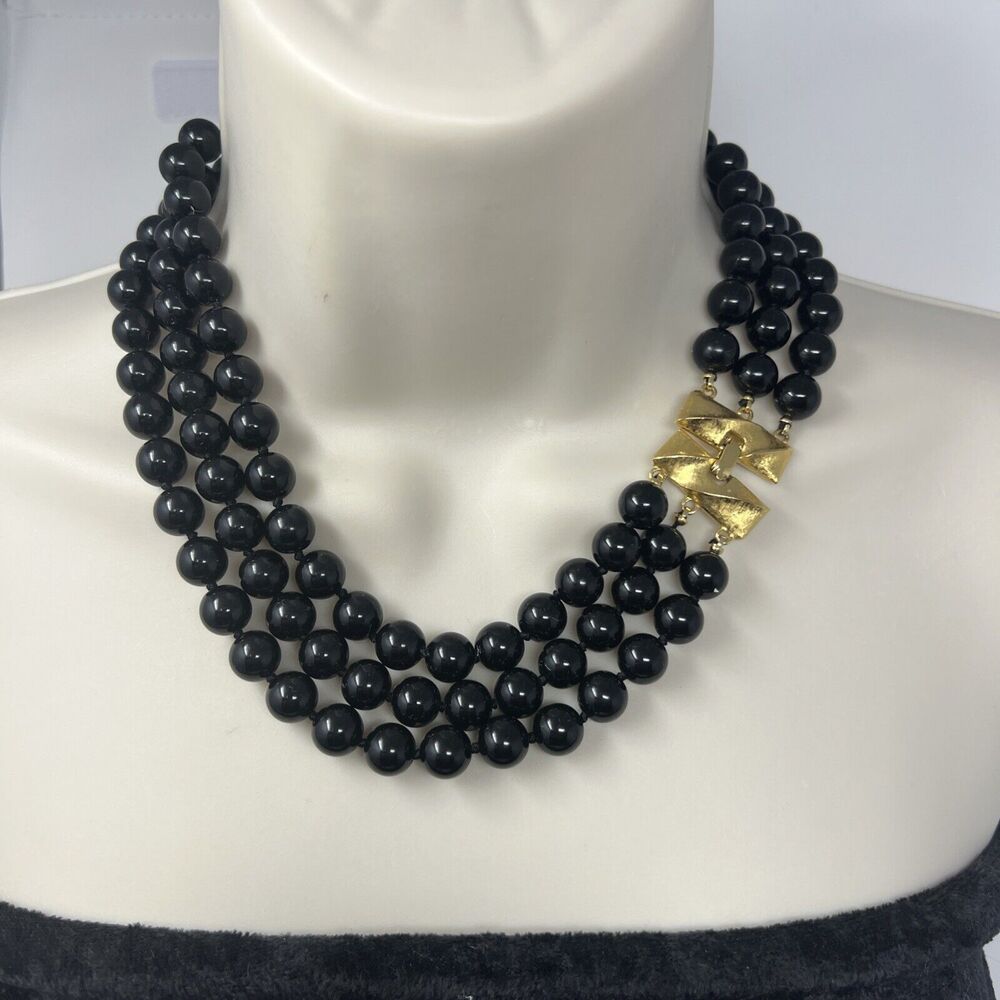 Vintage Monet Necklace triple strand knotted black bead strands Gold Tone 18"
